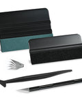 Car Window Tint Installation Kit With 9 In 1 Window Film Tools For Easy Tinting, Pro Grade Vinyl Wrap Squeegees, Felt Squeegee, Micro Squeegee, Craft Knife And 5 Replacement Blades, ABS Construction. Black vinyl wrap squeegees and craft knife with blades shown on white background.