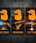 Welding, grinding, and cutting activities depicted with orange leather welding hoods and tools on a dark industrial background.