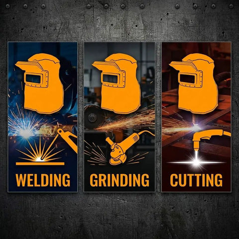 Welding, grinding, and cutting activities depicted with orange leather welding hoods and tools on a dark industrial background.