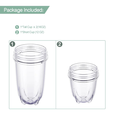 3 Pack Replacement Cups For 250W Personal Blenders 16 Oz Tall Cup And 12 Oz Short Cup BPA Free Tritan Material Dishwasher Safe Fits MB1001 Series Great For Quick Smoothies On The Go Shakes. Image showing two 16 oz cups and one 12 oz cup.
