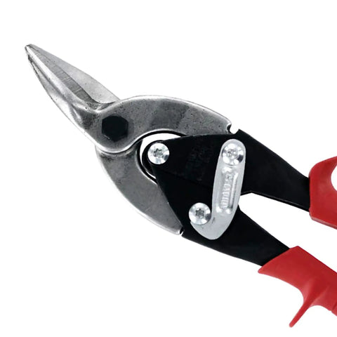 Close-up of Left Cut Regular Aviation Snips Tin Cutting Shears with Forged Blades and Kush N Power Comfort Grips, ideal for metalworking.