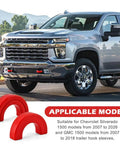 Tow Hook Cover For Silverado 1500 2007-2026 And GMC Sierra 1500 2007-2018, Red Premium Finish with truck in background