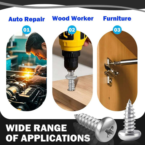 Go-To Assorted Self Tapping Screws Kit For Wood And Drywall With 100 Pcs shown in auto repair, woodworking, furniture applications
