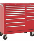 Boss Level Rolling Tool Chest Featuring Fifteen Smooth Sliding Drawers For Serious Garage And Job Site Storage Heavy Duty No Frills Tool Organizer Cabinet Thirty Nine Inches Tall Bold Red on wheels