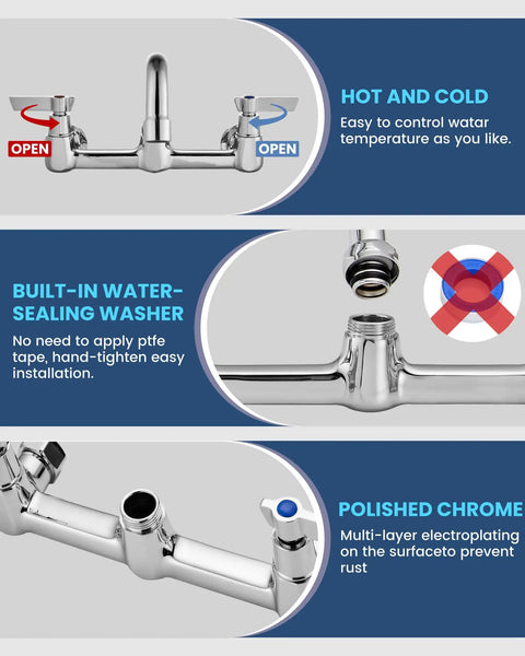 Rock Solid Wall Mount Kitchen Faucet With Swivel Spout And Dual Handles Crafted From Premium Lead Free Solid Brass Chrome Finish close-up of hot and cold controls.