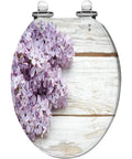 Toilet Seat Elongated Resin for Bathroom Use featuring lilac flowers on wood background, size 14.5" x 18.5".
