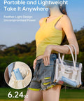 Person holding bag with Power Bank Handheld Fan With 4500mAh Battery Folding Personal Fan in pocket and clear tote bag, 6.24 oz