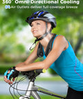Cyclist wearing a Wearable Bladeless Neck Fan For Hands Free Cooling On The Go Rechargeable Portable Cooling Device Perfect Gift For Dad And Mom Camping Travel Beach Golf Cruise Work And Everyday Use