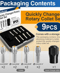 Four Piece Rotary Tool Collet Set With Clamping Nut In Stainless Steel, Snug Fit For Dremel and most rotary tools packaging