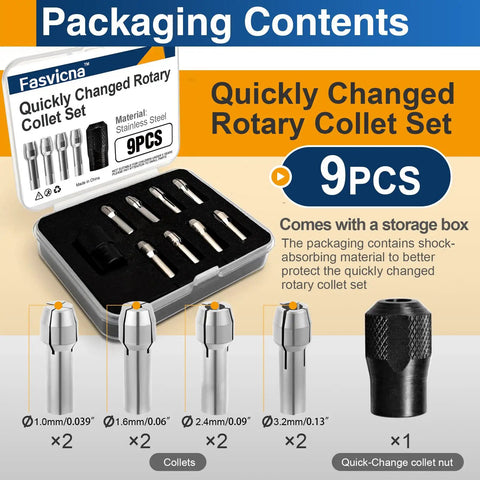 Four Piece Rotary Tool Collet Set With Clamping Nut In Stainless Steel, Snug Fit For Dremel and most rotary tools packaging