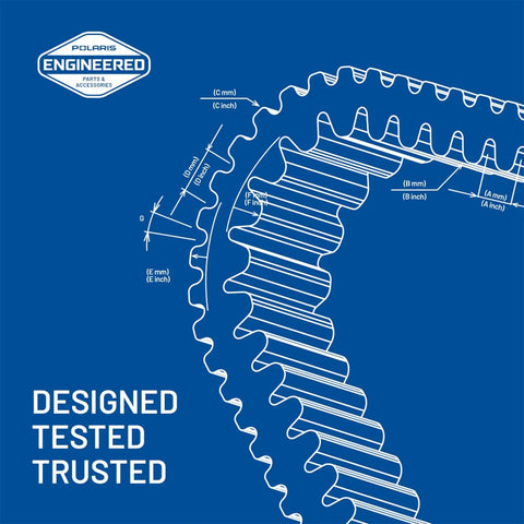 Upgrade Your Ridin Game With This Polaris Pro Series Snow Drive Belt Built Tough For RMK 9R And Boost Models To Handle Extreme Stress And Maximize Horsepower Transfer Effortlessly. Blueprint diagram of Polaris CVT snow drive belt with size markings