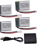 4 Pack 3.7V 250mAh LiPo Battery Set With MX2.0 Plug And 4 Port USB Charge Board for small RC aircraft and drones.