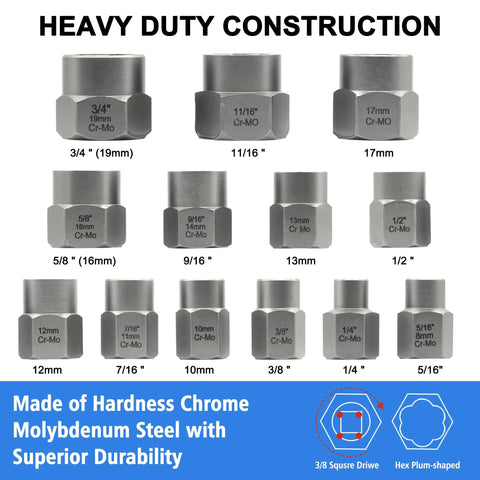 Heavy duty 13 Piece Screw Extractor And Bolt Remover Set with heavy-duty construction and various sizes displayed