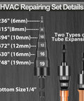 HVAC Swaging And Tube Expander Kit 7 Piece Copper Pipe Flaring Tool with 6 In 1 Expansion Tool detailing sizes 6mm to 19mm