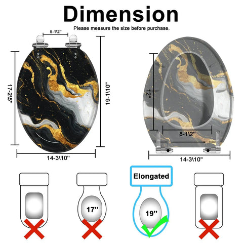 Toilet Seat Replacement Slow Close Elongated for Bathroom, black and gold design, dimensions shown, durable resin construction.