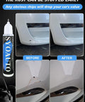 Before and after using Oxford White Touch Up Paint For Ford YZ Z1 M6887, 2 In 1 Scratch Repair Kit on car bumper.