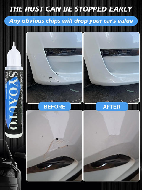 Before and after using Oxford White Touch Up Paint For Ford YZ Z1 M6887, 2 In 1 Scratch Repair Kit on car bumper.