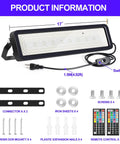 Product details for Two Pack 50W LED Black Light Bar For Glow Parties and Vibes, includes accessories with 5ft power cord and remote control.