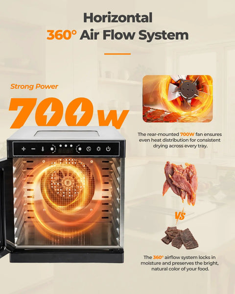 Straight Shooter 700 Watt Food Dehydrator with Eight Roomy Trays and Quick 360 Hot Air Circulation, showcasing airflow system.