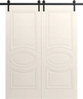 Diy Friendly Double Barn Door Set 84 By 96 Inches Creamy Painted Solid Panel Interior Doors With 13 Foot Rail Track Kit Front View