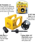 Pro Level Carbon Steel Lock Installation Kit With Adjustable Guide Template For Wood Doors, includes hole saws and arbor.