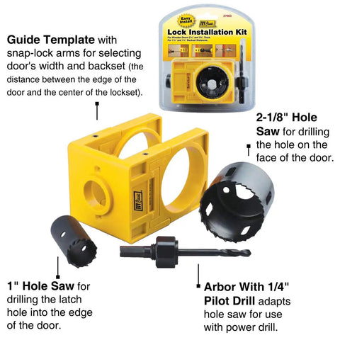 Pro Level Carbon Steel Lock Installation Kit With Adjustable Guide Template For Wood Doors, includes hole saws and arbor.