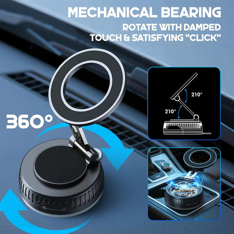 Vacuum Magnetic Car Phone Holder For MagSafe With 120 Plus Pounds Of Grip, 360 Degree Rotating Base, shown on car dashboard.