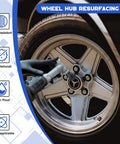 Wheel Hub Cleaning Tool And 5 Head Stud Cleaner Kit in use on car wheel for grime busting with features sidebar