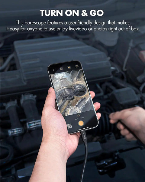 Type C Endoscope Camera With Light 1080P HD Borescope connected to phone showing engine inspection