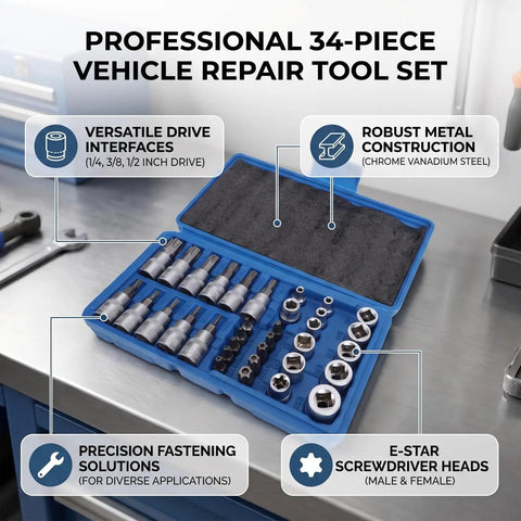 Grip Tight 34 Piece Socket Wrench Tool Set Featuring Knockout 3 In 1 Drive System, chrome vanadium tools in organized case.