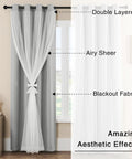 Ultra Soft Blackout Curtains With Crushed Sheer Overlay Block 90-95% Of Light 2 Panels Antique Silver Grommet Top Light Grey 52 Inch W By 84 Inch L Noise Reducing Room Darkening Drapes with sheer and blackout layers shown.