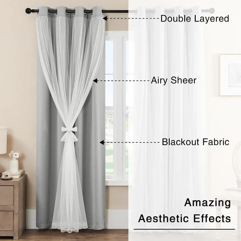 Ultra Soft Blackout Curtains With Crushed Sheer Overlay Block 90-95% Of Light 2 Panels Antique Silver Grommet Top Light Grey 52 Inch W By 84 Inch L Noise Reducing Room Darkening Drapes with sheer and blackout layers shown.