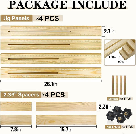 Package contents of Juice Groove Router Jig For Cutting Boards Adjustable Wooden Router Guide with panels, spacers, screws, and nuts