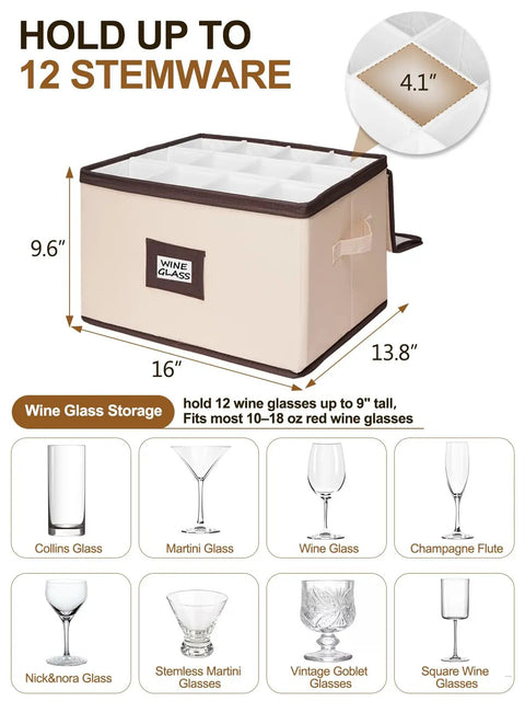 Heavy Duty Wine Glass Storage Box Two Pack With Thick Padded Dividers, holds 12 stemware up to 9 inches tall, beige linen case.