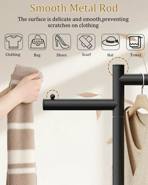 Freestanding Metal Coat Rack With Z Shaped Design, 175cm Tall Black Garment Tree showcasing smooth metal rod detail
