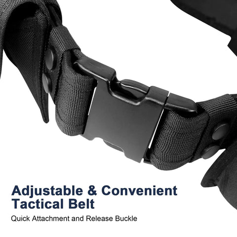 Close-up of Police Security Modular Duty Belt Loadout quick attach buckle, heavy-duty nylon tactical gear for law enforcement.