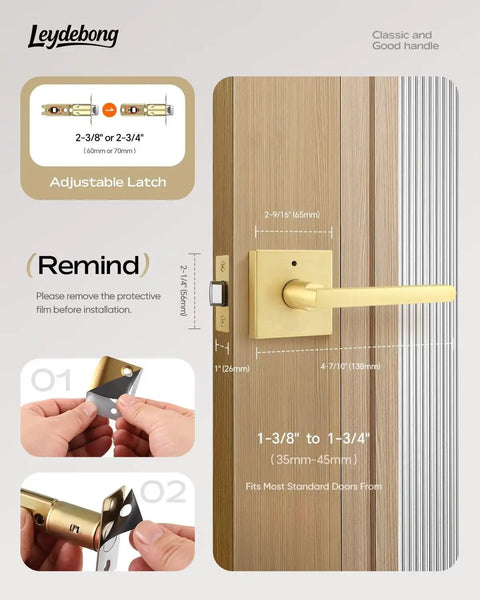 Three Pack Gold Door Levers Set Heavy Duty Keyless Privacy Lock adjustable latch diagram and installation steps
