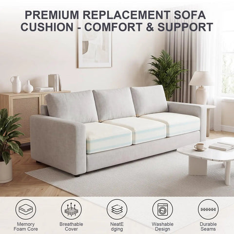 Premium Six Inch Sofa Cushion Insert With High Density Four Layer Memory Foam Couch Replacement Pad on a modern gray sofa.