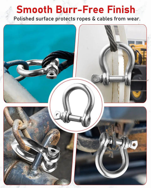Rock Solid 3/8 Inch 304 Stainless Steel D Ring Tow Shackles Hella Rust Resistant Marine Clevis Hook in use securing ropes.