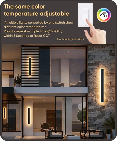 Aipsun 2 Packs Outdoor Wall Sconce, 3000K 4000K 6000K,23.6in Modern Black Exterior Light 23.6in, Linear Wall Light in outdoor setting.