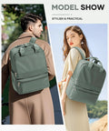 Model showing lightweight travel backpack for personal item under seat fits Frontier size