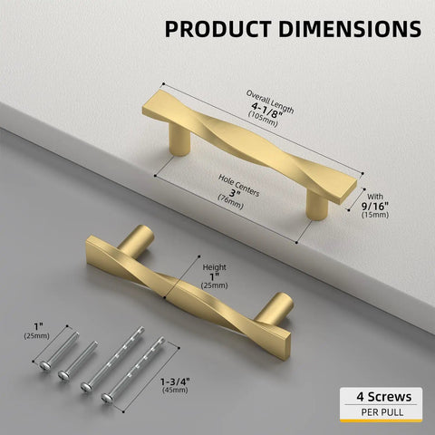 Premium Brushed Gold Cabinet Pulls 3 Inch Hole Center Heavy Duty Zinc Alloy kitchen handles showing dimensions and screws.