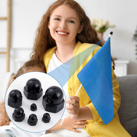 Woman holding flag with inset of 35Pcs Thread Cap Hex Knob Set Black M3 To M12 Carbon Steel Ball Lamp Decoration And Light Fixture Fastening Nuts.