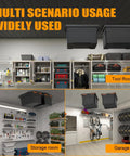 Overhead Garage Storage Rack For Ceiling Mount, Heavy Duty Ceiling Bracket For Garages Sheds Storerooms, Adjustable Width And Orientation, Black Finish shown installed in various scenarios including tool room, storage room, and garage with visible bins.