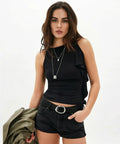 Reliable Daily Go To Womens Black Faux Leather Belt With Metallic Silver Buckle Adjustable Waist Strap For Denim Jeans And Flowy Dresses One Point Two Inch Width Dress Up Or Down Fits Like A Dream worn with black top and shorts.