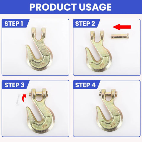 Installation steps for Eight Pack Clevis Grab Hooks Five Sixteenths Inch Grade Seventy Forged Steel with zinc plated finish.