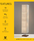 Tall dune floor lamp with walnut base, features list including foot switch and 5ft cord, shown in display image, yellow background.
