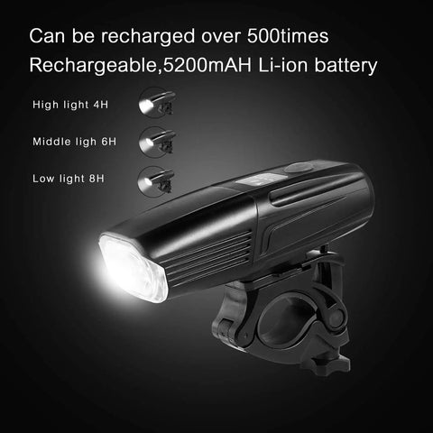 USB Rechargeable Bike Light Set With Front Headlight and Rear Tail Light 5400mAh Power Bank, shown in black.