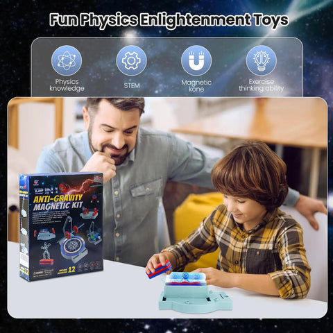 Father and son using 12 In 1 Anti Gravity Magnetic Levitation Science Kit, engaging in STEM experiments for kids aged eight and up.