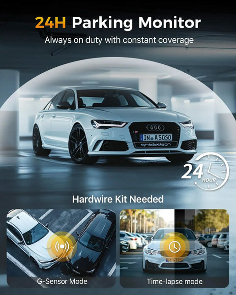 24H parking monitor with Ultra Clear 4K Triple Channel Dash Cam Front Rear And Inside View, G-sensor mode and time-lapse mode image.